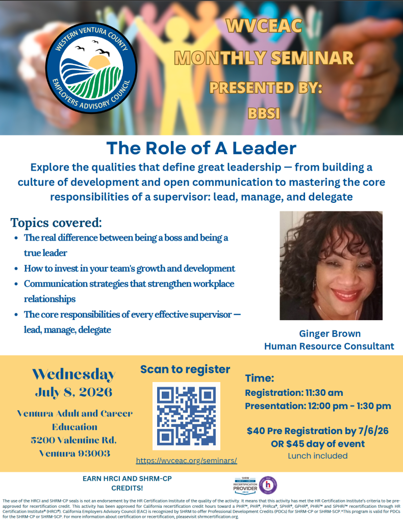 Promotional flyer for a leadership seminar: 'The Role of A Leader' with speaker Ginger Brown, QR code, date, and venue details.