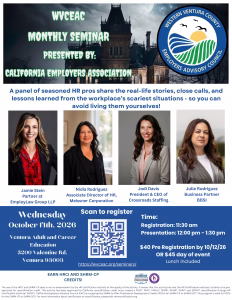 Copy of West Ventura County Employer Advisory Council - Western Ventura County Employer Advisory Council Banner image for WVCEAC Monthly Seminar with logo and dashed text over a dark castle background, announcing California Employers Association event