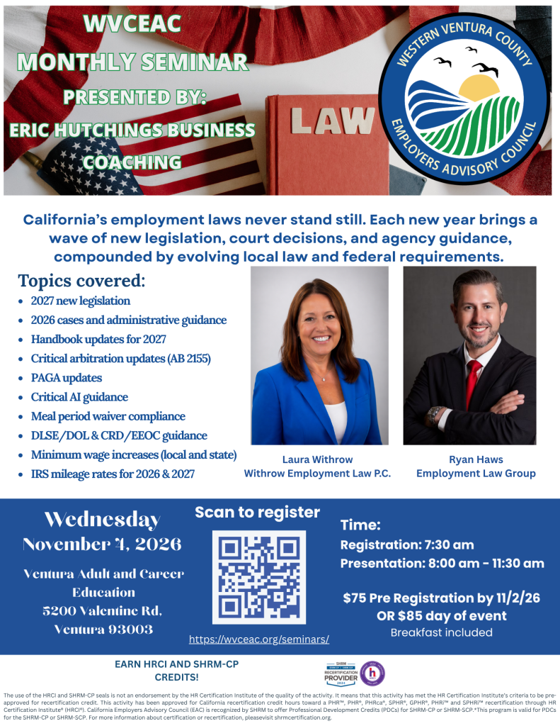 WVCEAC monthly seminar banner with law book, American flag, and council logo; presented by Eric Hutchings Business Coaching.