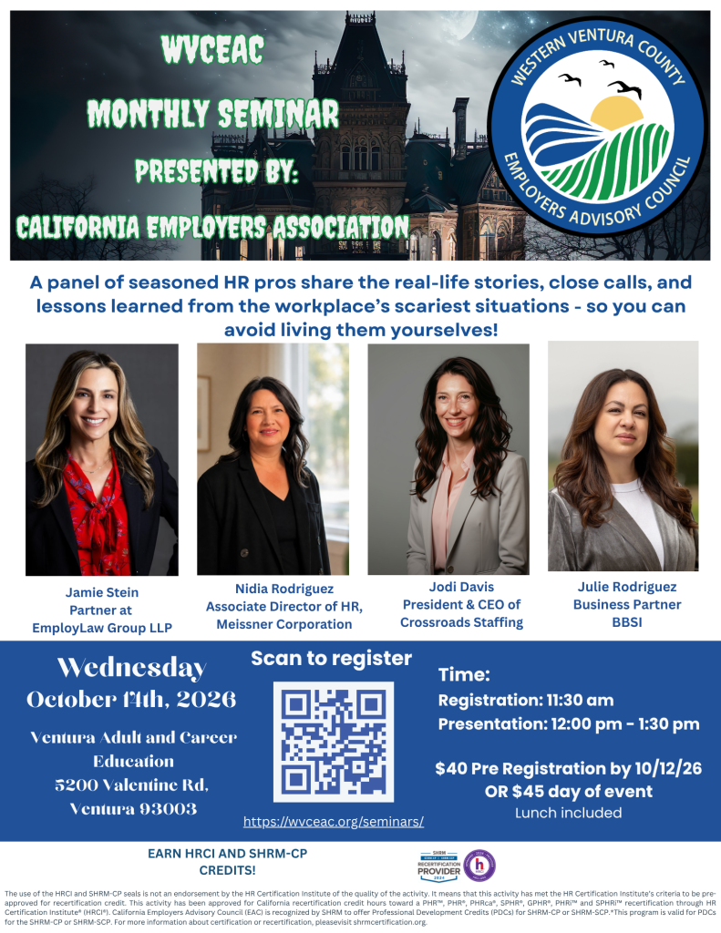 Banner image for WVCEAC Monthly Seminar with logo and dashed text over a dark castle background, announcing California Employers Association event