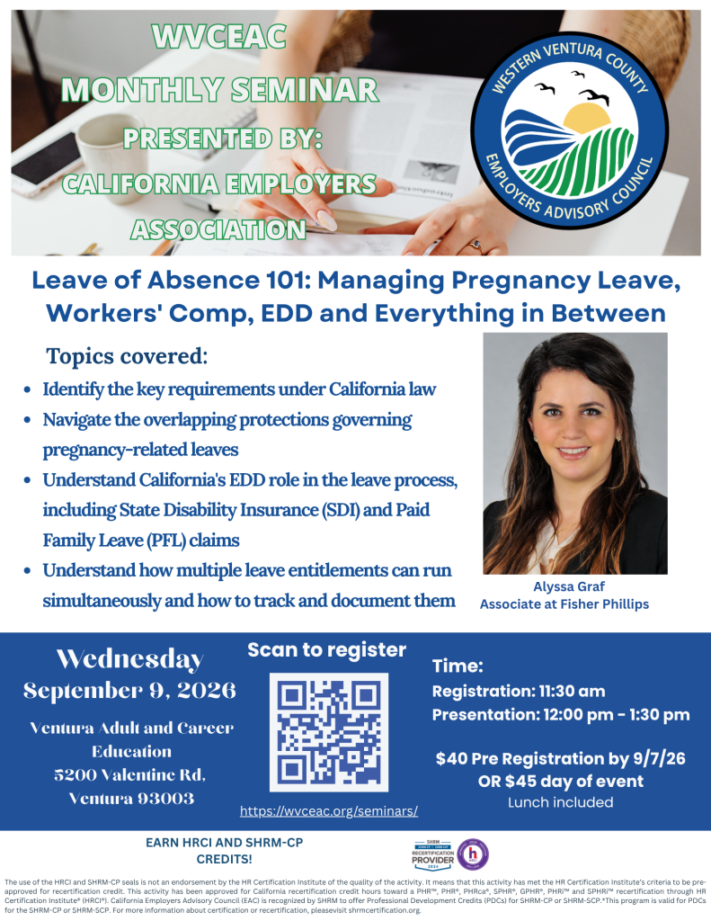 Event flyer header: WVCEAC monthly seminar presented by California Employers Association with a round Ventura County logo on the right; hands signing papers in the background.